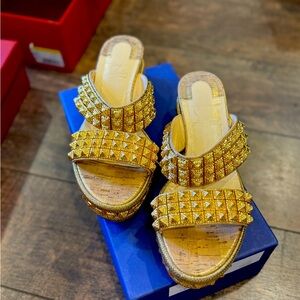 Christian Louboutin Gold ECU Spike Red Sole Slide Espadrilles